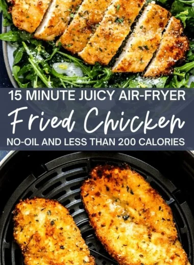 Crispy air fryer breaded chicken breast served with a side salad
