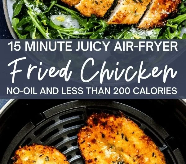 Crispy air fryer breaded chicken breast served with a side salad
