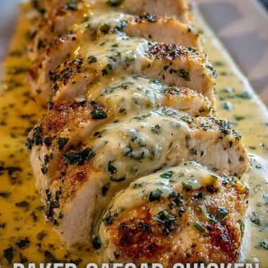 Baked Caesar Chicken served with creamy Parmesan sauce and garnished with herbs