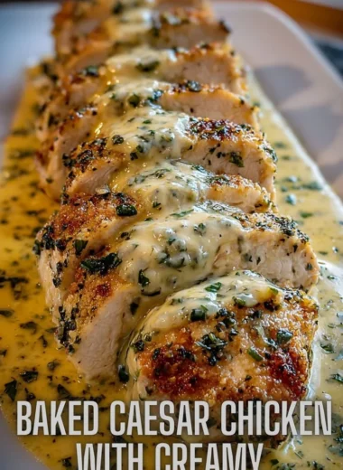 Baked Caesar Chicken served with creamy Parmesan sauce and garnished with herbs
