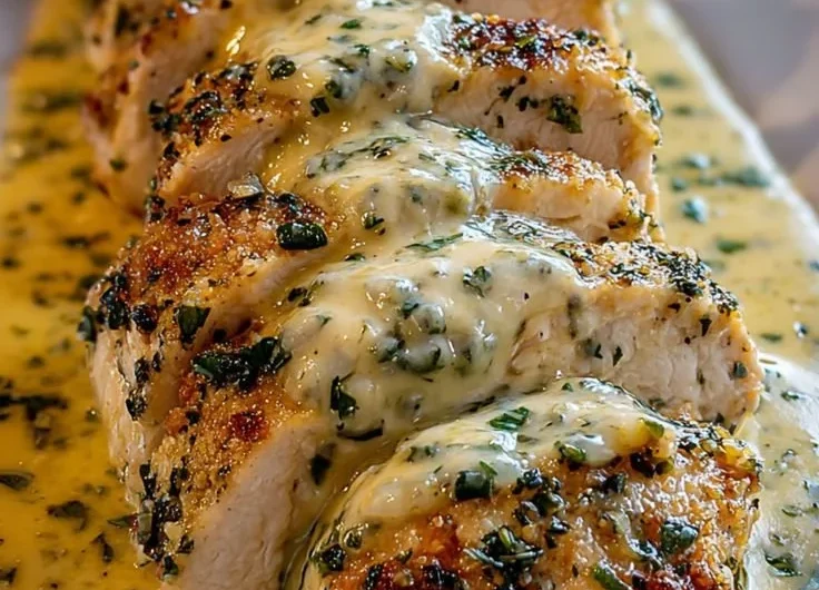 Baked Caesar Chicken served with creamy Parmesan sauce and garnished with herbs