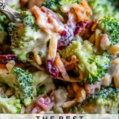 Fresh and colorful broccoli salad with dressing and toppings