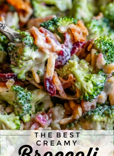 Fresh and colorful broccoli salad with dressing and toppings