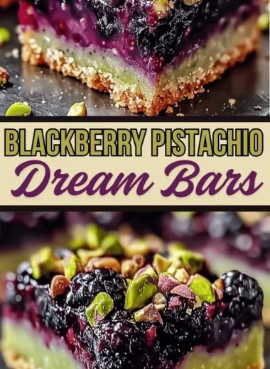 Delicious blackberry pistachio dream bars stacked on a plate.