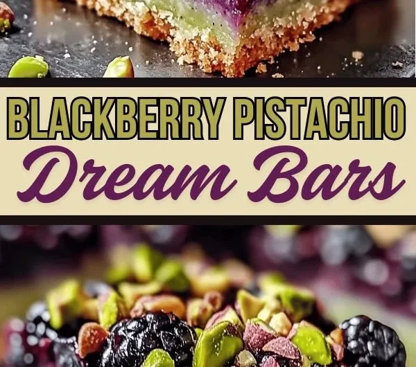 Delicious blackberry pistachio dream bars stacked on a plate.