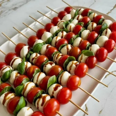 Colorful Caprese Skewers with cherry tomatoes, mozzarella balls, and fresh basil leaves
