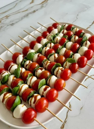 Colorful Caprese Skewers with cherry tomatoes, mozzarella balls, and fresh basil leaves