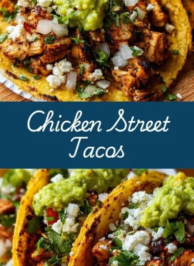 Delicious Chicken Street Tacos topped with fresh ingredients and served on a rustic plate.