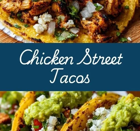 Delicious Chicken Street Tacos topped with fresh ingredients and served on a rustic plate.