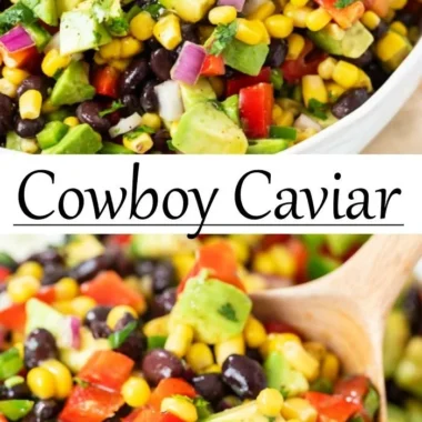 Bowl of colorful Cowboy Caviar with black-eyed peas and fresh vegetables