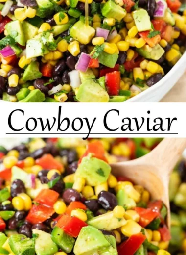 Bowl of colorful Cowboy Caviar with black-eyed peas and fresh vegetables