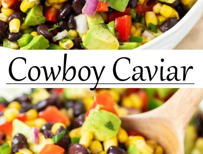 Bowl of colorful Cowboy Caviar with black-eyed peas and fresh vegetables