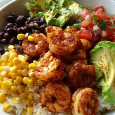 Fiesta shrimp rice bowl with vibrant ingredients and flavors