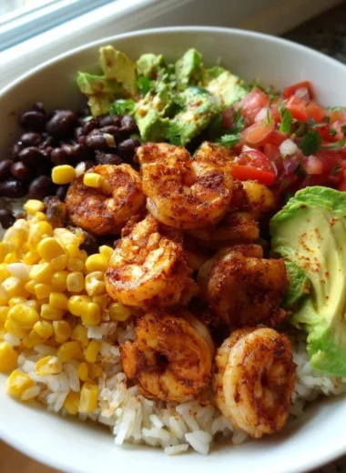 Fiesta shrimp rice bowl with vibrant ingredients and flavors