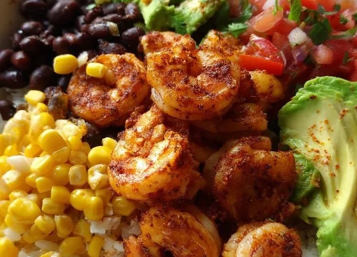 Fiesta shrimp rice bowl with vibrant ingredients and flavors