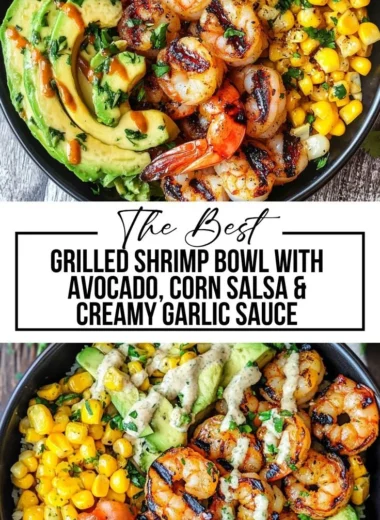 Grilled shrimp bowl with avocado, corn salsa, and creamy garlic sauce