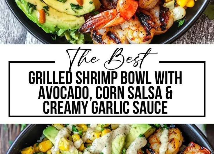 Grilled shrimp bowl with avocado, corn salsa, and creamy garlic sauce