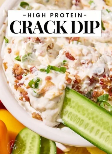 High protein crack dip served in a bowl with fresh vegetables