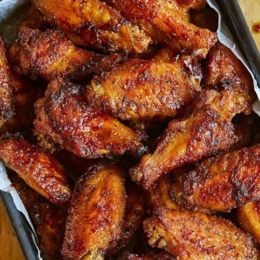Plate of juicy chicken wings garnished with herbs and served with dipping sauce