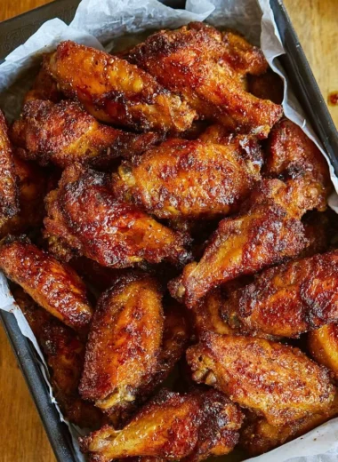 Plate of juicy chicken wings garnished with herbs and served with dipping sauce