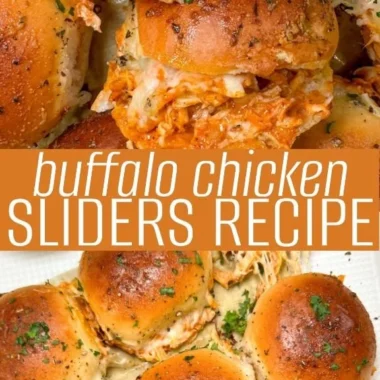 Plate of spicy Buffalo Chicken Sliders served with ranch dipping sauce