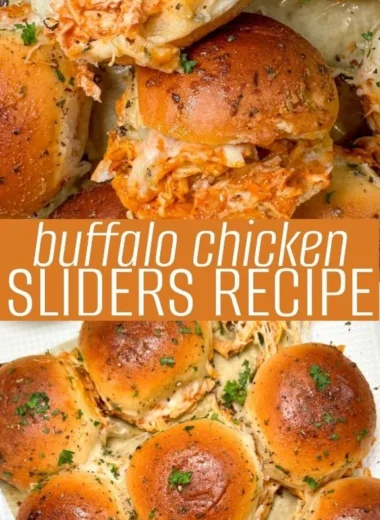 Plate of spicy Buffalo Chicken Sliders served with ranch dipping sauce