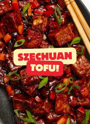 Delicious Szechuan Tofu served with vibrant vegetables