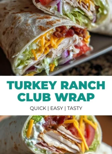 Turkey Ranch Club Wrap filled with turkey, ranch dressing, lettuce, and tomatoes.