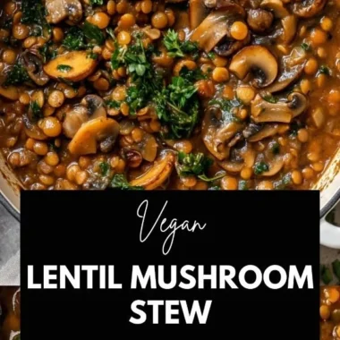 Bowl of vegan lentil mushroom stew with fresh herbs and vegetables