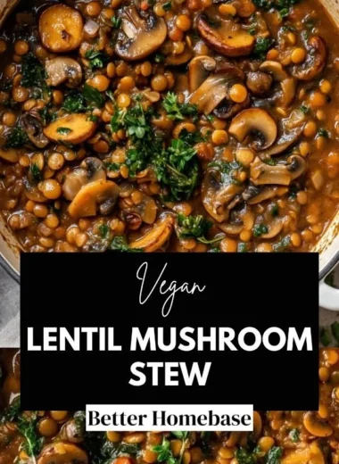 Bowl of vegan lentil mushroom stew with fresh herbs and vegetables