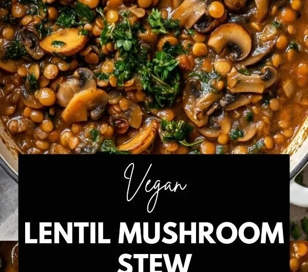 Bowl of vegan lentil mushroom stew with fresh herbs and vegetables