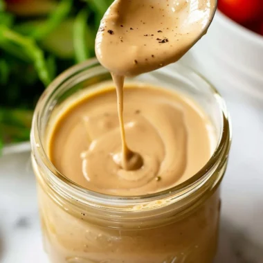 A delicious homemade creamy balsamic dressing in a glass jar with fresh ingredients.