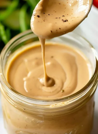 A delicious homemade creamy balsamic dressing in a glass jar with fresh ingredients.