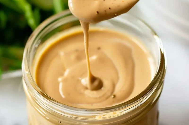 A delicious homemade creamy balsamic dressing in a glass jar with fresh ingredients.