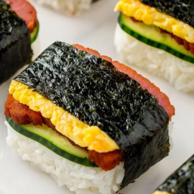 Homemade Hawaiian Spam Musubi with rice and nori seaweed