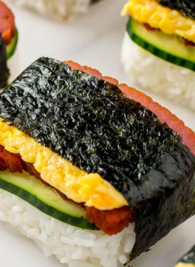 Homemade Hawaiian Spam Musubi with rice and nori seaweed