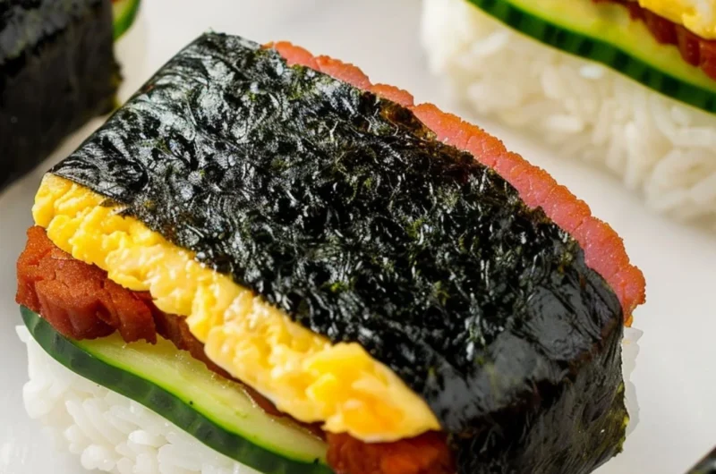 Homemade Hawaiian Spam Musubi with rice and nori seaweed