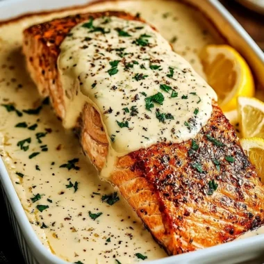 Baked Boursin Salmon served on a plate with fresh herbs and lemon wedges.