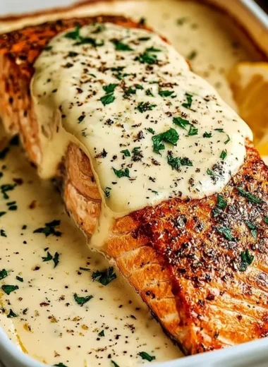 Baked Boursin Salmon served on a plate with fresh herbs and lemon wedges.