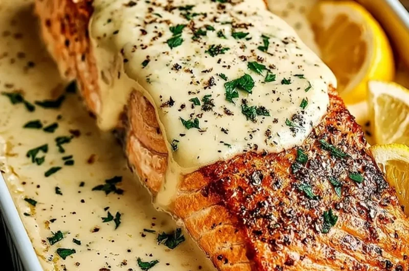 Baked Boursin Salmon served on a plate with fresh herbs and lemon wedges.