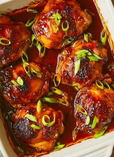 Baked teriyaki chicken served on a plate with garnishes