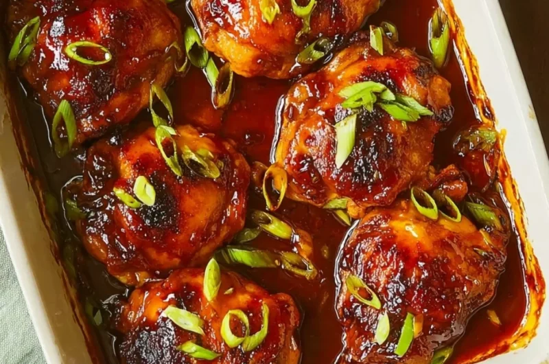 Baked teriyaki chicken served on a plate with garnishes