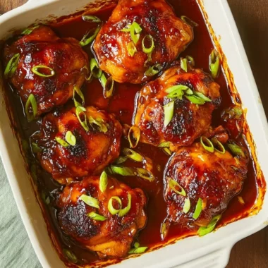 Delicious baked teriyaki chicken on a plate, garnished with sesame seeds and green onions.