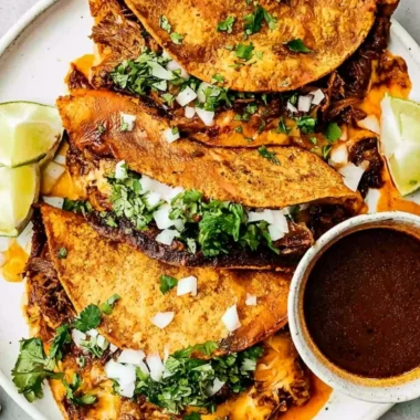 Delicious Beef Birria Tacos topped with cheese and garnished with cilantro and onions.