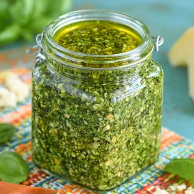 Fresh basil pesto in a glass jar with ingredients nearby
