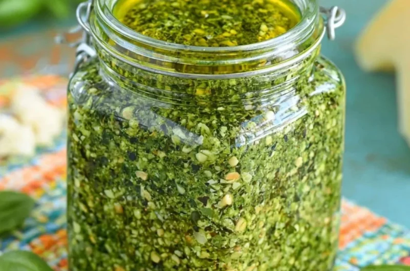Fresh basil pesto in a glass jar with ingredients nearby