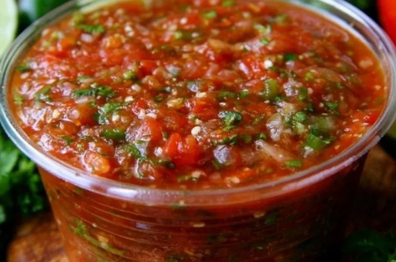 Bowl of the best homemade salsa with fresh tomatoes, onions, and cilantro