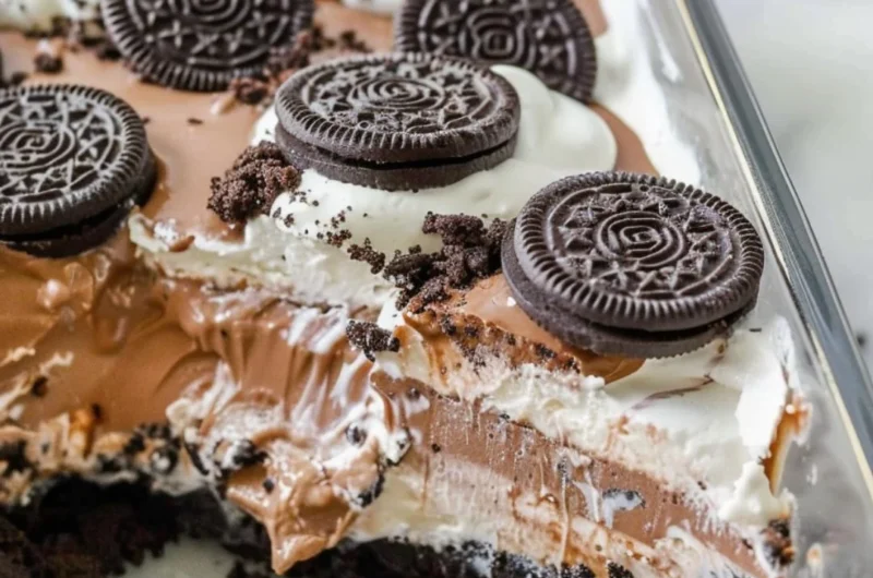 No Bake Oreo Dessert with Cool Whip served in a glass bowl
