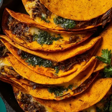 Delicious Birria Tacos with beef, cheese, and dipping consomé.