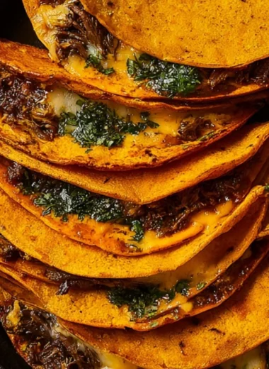 Delicious Birria Tacos with beef, cheese, and dipping consomé.